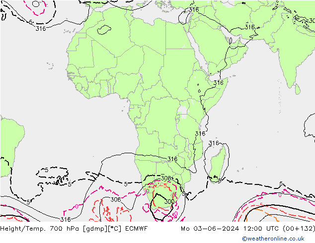 Geop./Temp. 700 hPa ECMWF lun 03.06.2024 12 UTC