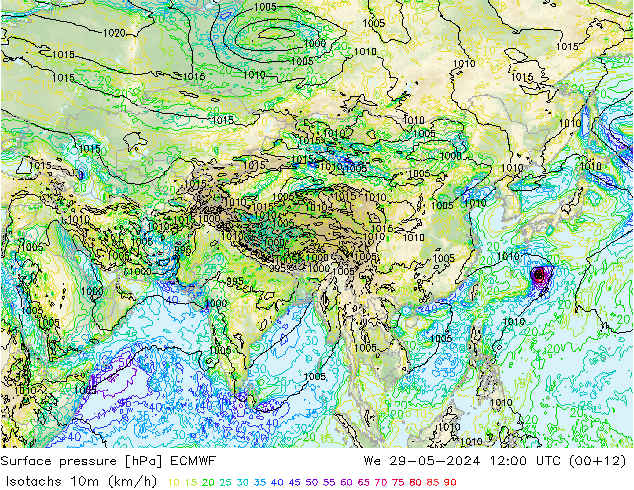 Isotachs (kph) ECMWF Qua 29.05.2024 12 UTC