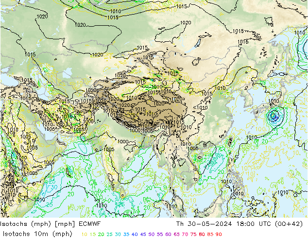 Isotachs (mph) ECMWF gio 30.05.2024 18 UTC