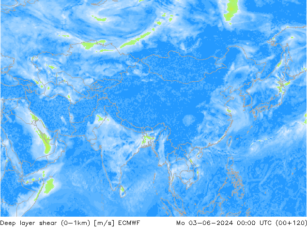 Deep layer shear (0-1km) ECMWF ma 03.06.2024 00 UTC