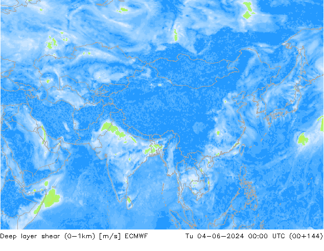 Deep layer shear (0-1km) ECMWF Tu 04.06.2024 00 UTC