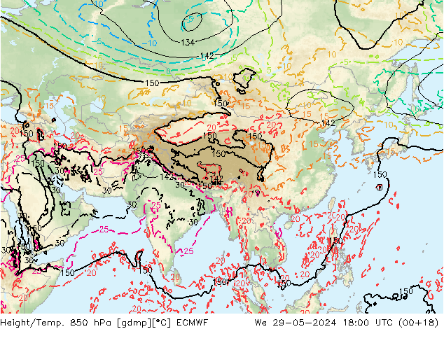 Hoogte/Temp. 850 hPa ECMWF wo 29.05.2024 18 UTC