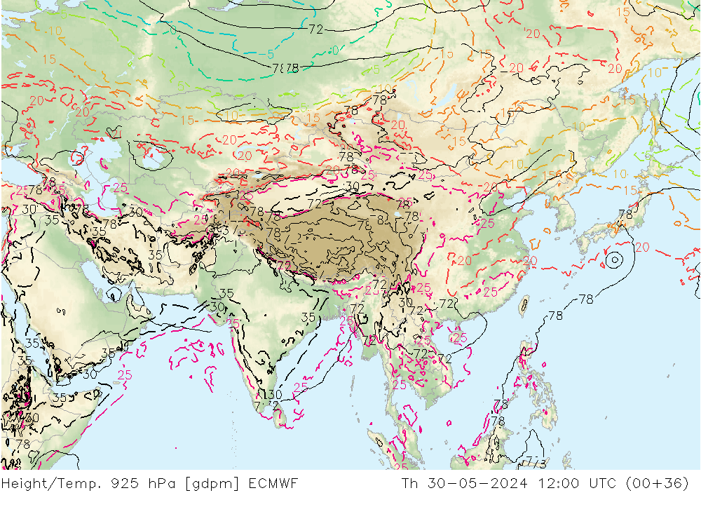 Height/Temp. 925 hPa ECMWF gio 30.05.2024 12 UTC