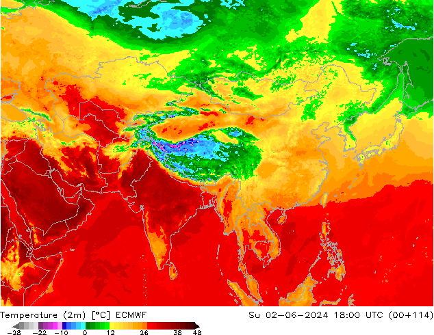 Temperature (2m) ECMWF Su 02.06.2024 18 UTC