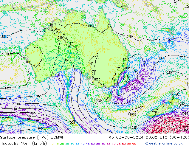 Isotachs (kph) ECMWF Mo 03.06.2024 00 UTC