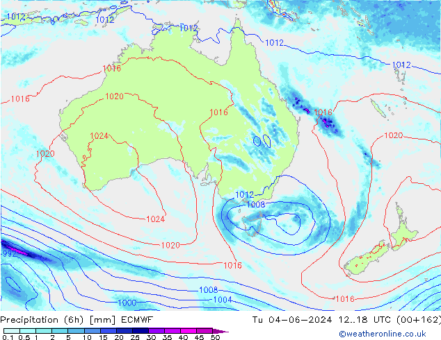 Precipitation (6h) ECMWF Tu 04.06.2024 18 UTC