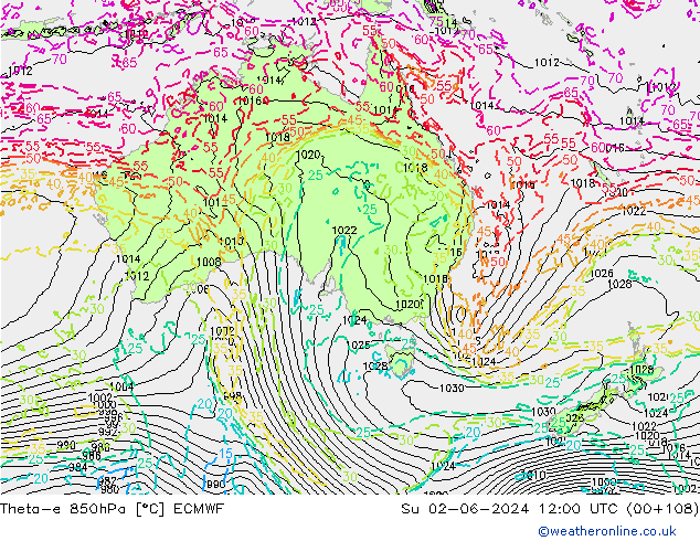 Theta-e 850hPa ECMWF dom 02.06.2024 12 UTC