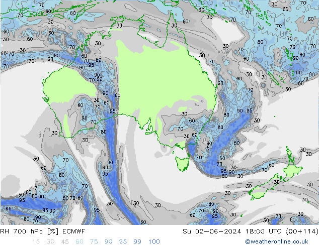 Humidité rel. 700 hPa ECMWF dim 02.06.2024 18 UTC