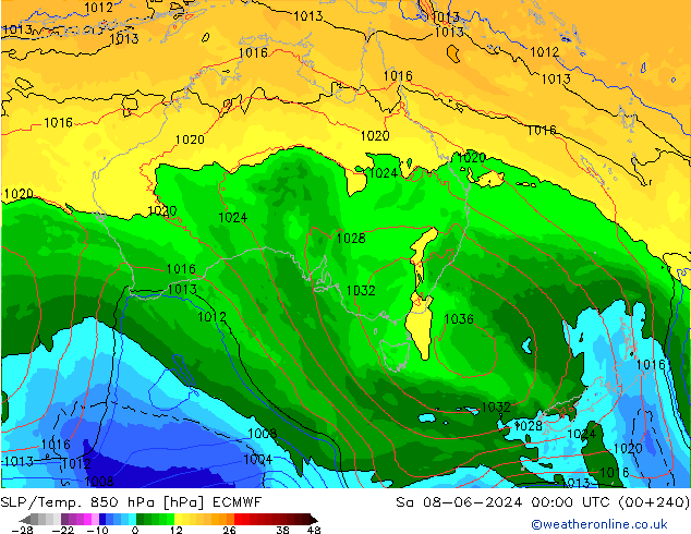 SLP/Temp. 850 гПа ECMWF сб 08.06.2024 00 UTC