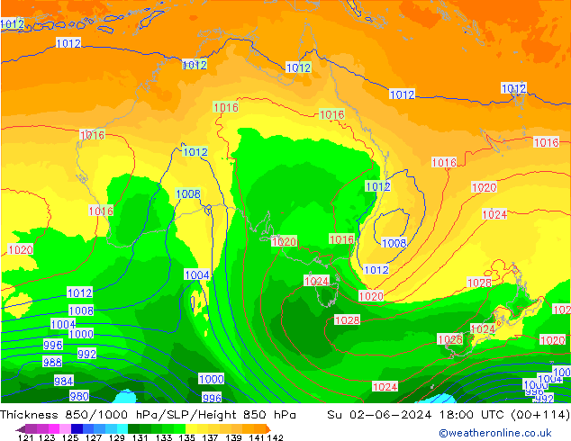 Dikte 850-1000 hPa ECMWF zo 02.06.2024 18 UTC