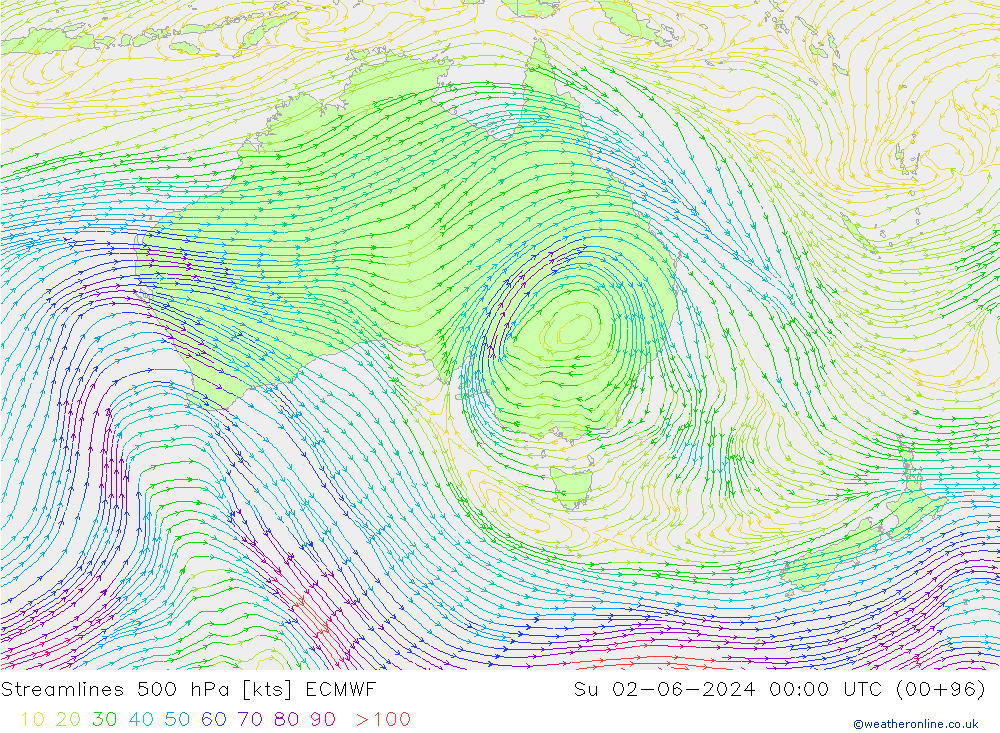 Linia prądu 500 hPa ECMWF nie. 02.06.2024 00 UTC