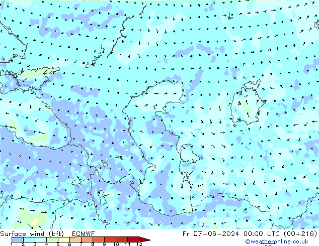 Surface wind (bft) ECMWF Fr 07.06.2024 00 UTC