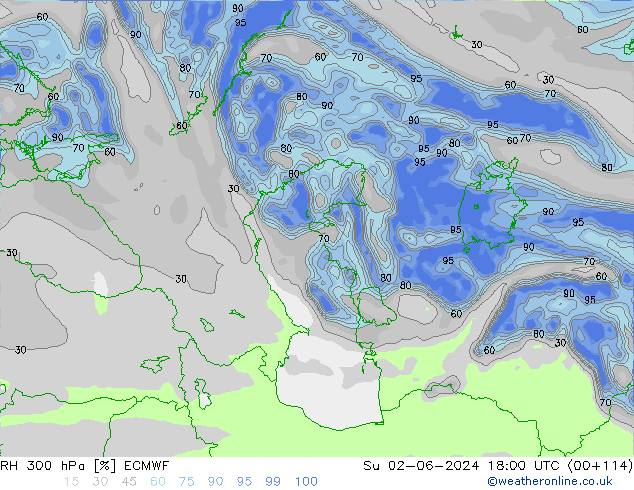 Humedad rel. 300hPa ECMWF dom 02.06.2024 18 UTC