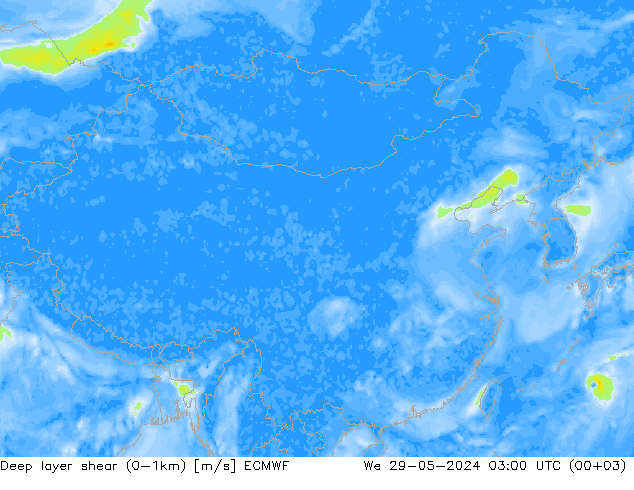 Deep layer shear (0-1km) ECMWF 星期三 29.05.2024 03 UTC