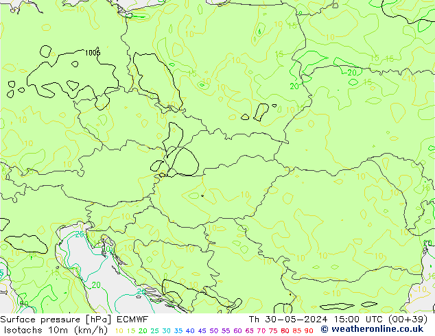 Isotachs (kph) ECMWF Th 30.05.2024 15 UTC