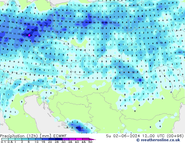 Totale neerslag (12h) ECMWF zo 02.06.2024 00 UTC