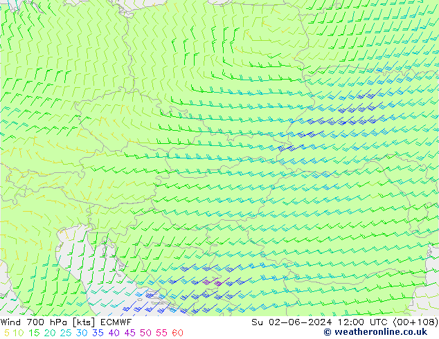 Wind 700 hPa ECMWF zo 02.06.2024 12 UTC