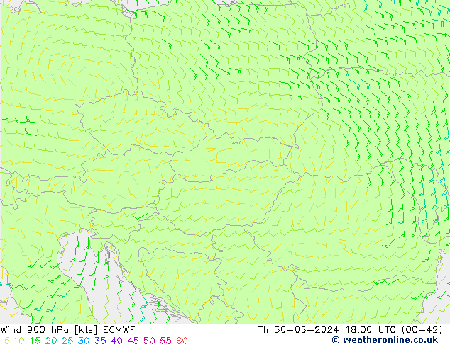 Wind 900 hPa ECMWF do 30.05.2024 18 UTC