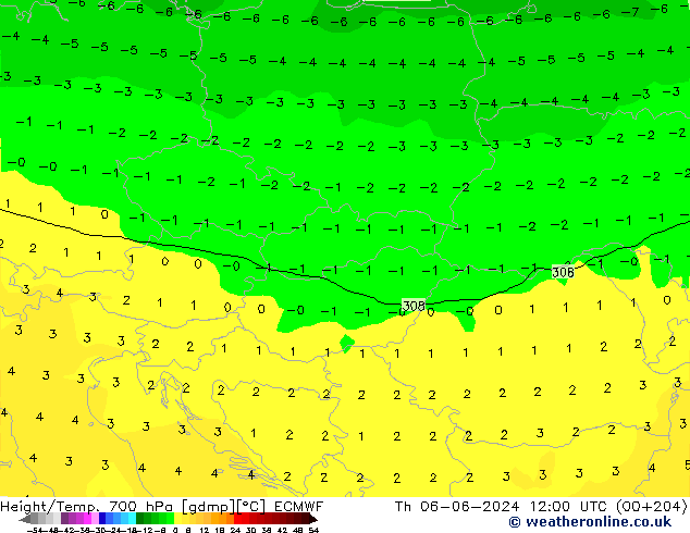 Hoogte/Temp. 700 hPa ECMWF do 06.06.2024 12 UTC