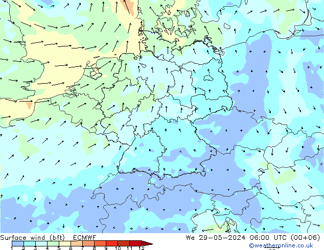 Bodenwind (bft) ECMWF Mi 29.05.2024 06 UTC