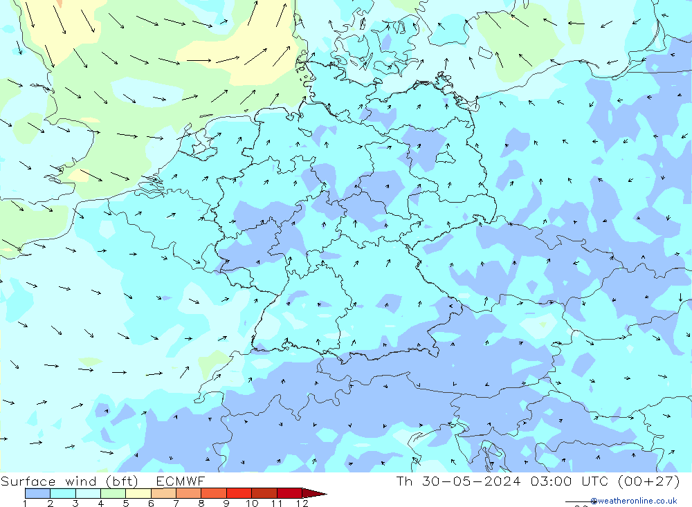 Surface wind (bft) ECMWF Čt 30.05.2024 03 UTC