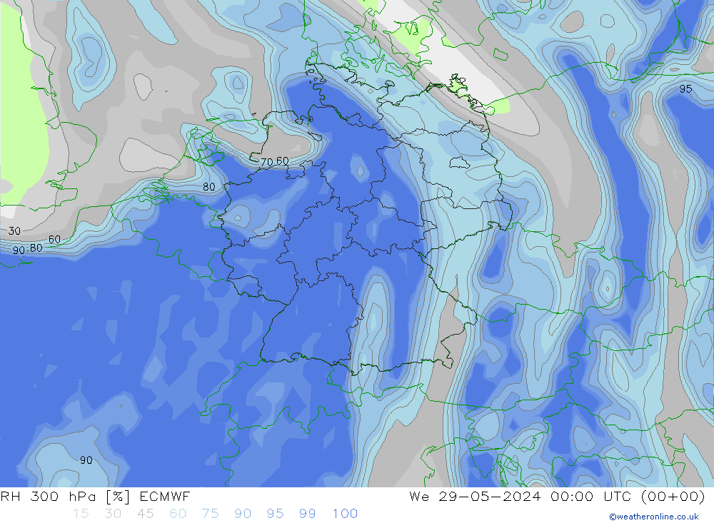 Humidité rel. 300 hPa ECMWF mer 29.05.2024 00 UTC