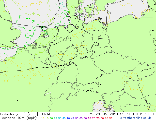 Isotachs (mph) ECMWF We 29.05.2024 06 UTC