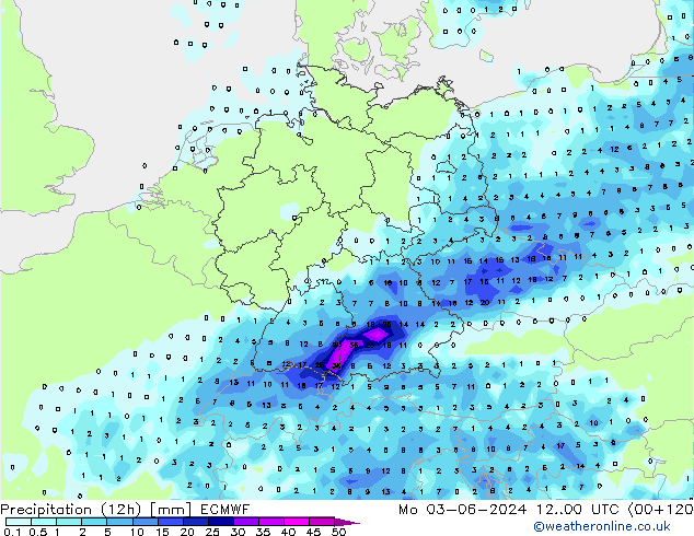 Totale neerslag (12h) ECMWF ma 03.06.2024 00 UTC