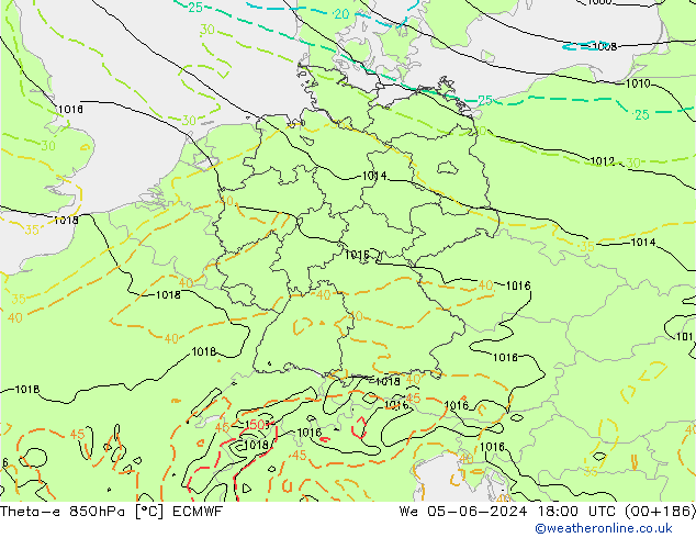 Theta-e 850hPa ECMWF mer 05.06.2024 18 UTC