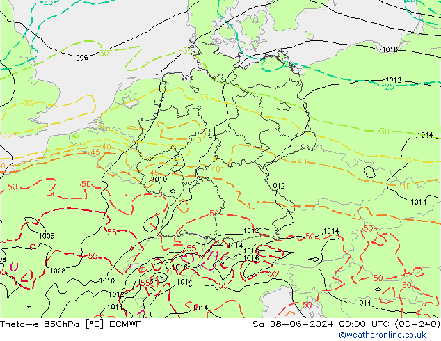 Theta-e 850hPa ECMWF za 08.06.2024 00 UTC