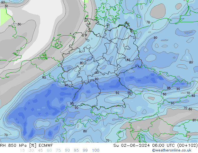 RH 850 hPa ECMWF Su 02.06.2024 06 UTC