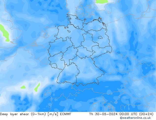 Deep layer shear (0-1km) ECMWF Th 30.05.2024 00 UTC