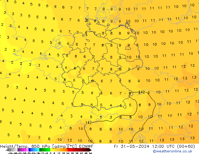 Z500/Rain (+SLP)/Z850 ECMWF vie 31.05.2024 12 UTC