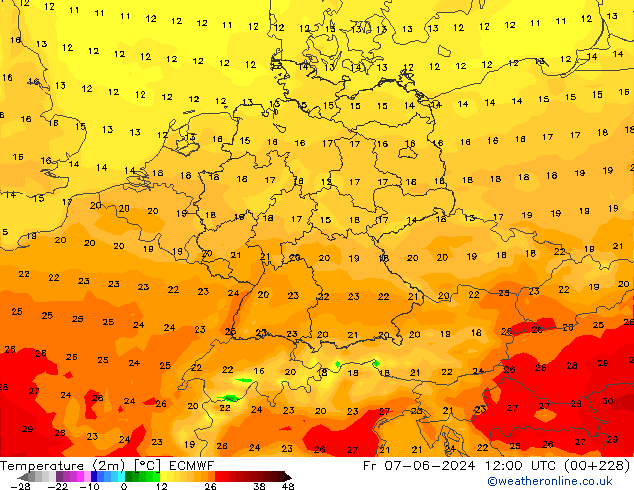 mapa temperatury (2m) ECMWF pt. 07.06.2024 12 UTC