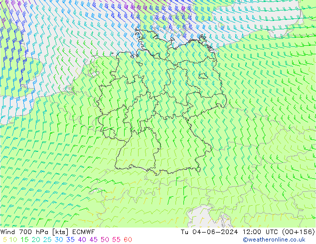 Wind 700 hPa ECMWF Út 04.06.2024 12 UTC