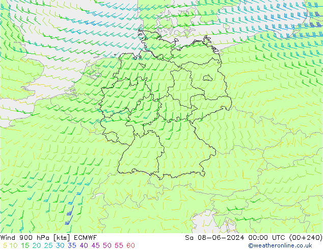 Wind 900 hPa ECMWF za 08.06.2024 00 UTC