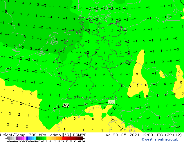 Geop./Temp. 700 hPa ECMWF mié 29.05.2024 12 UTC