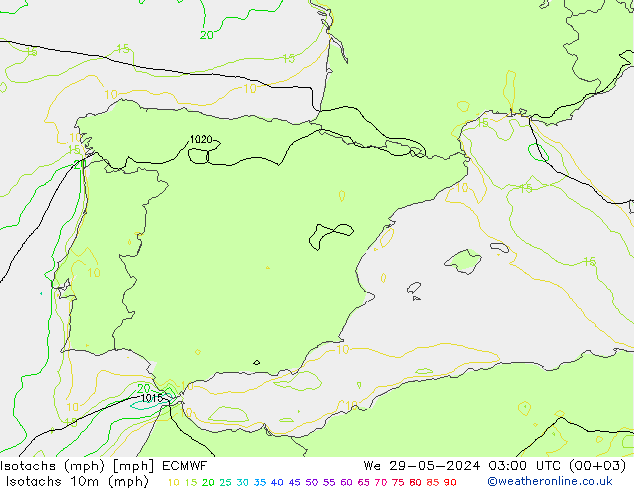 Isotachen (mph) ECMWF wo 29.05.2024 03 UTC