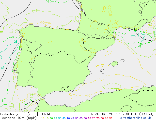 Isotachen (mph) ECMWF do 30.05.2024 06 UTC