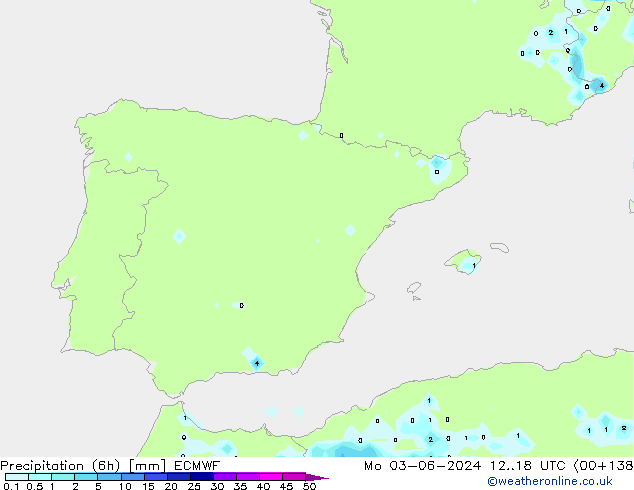 Precipitation (6h) ECMWF Po 03.06.2024 18 UTC