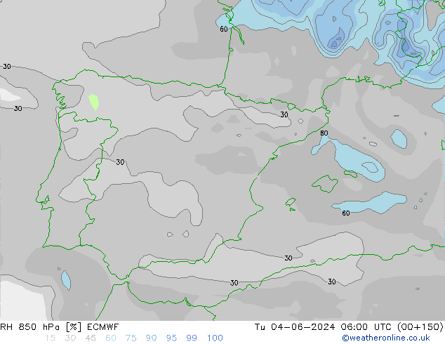 RH 850 гПа ECMWF вт 04.06.2024 06 UTC