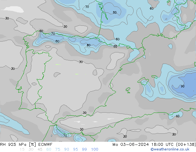 RH 925 hPa ECMWF pon. 03.06.2024 18 UTC