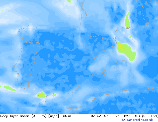 Deep layer shear (0-1km) ECMWF пн 03.06.2024 18 UTC