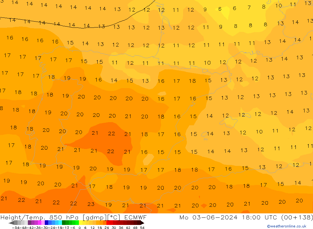 Height/Temp. 850 hPa ECMWF Mo 03.06.2024 18 UTC