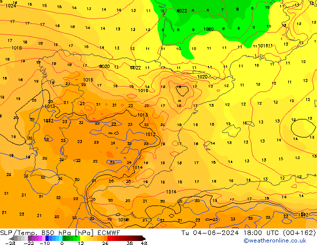 850 hPa Yer Bas./Sıc ECMWF Sa 04.06.2024 18 UTC