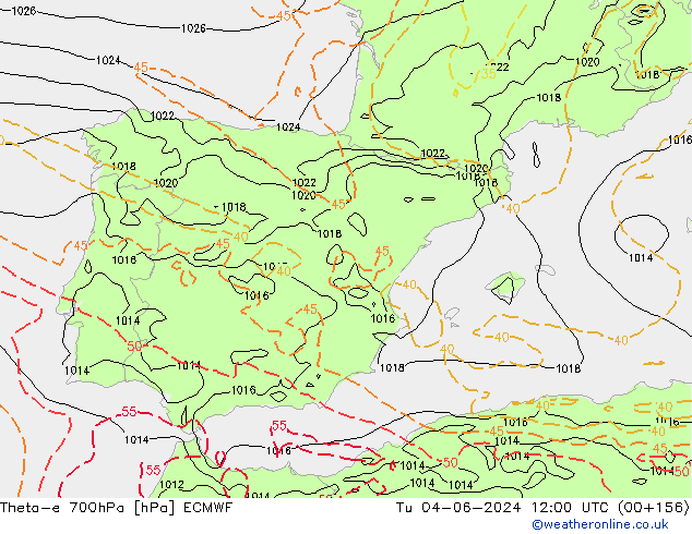 Theta-e 700hPa ECMWF Tu 04.06.2024 12 UTC