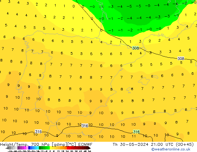 Height/Temp. 700 hPa ECMWF Th 30.05.2024 21 UTC