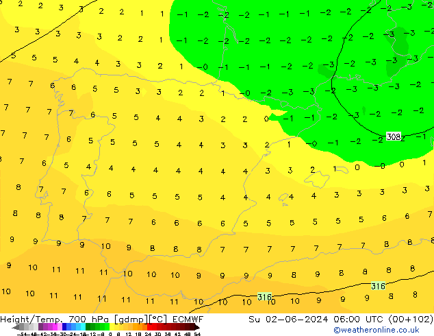 Height/Temp. 700 hPa ECMWF Dom 02.06.2024 06 UTC