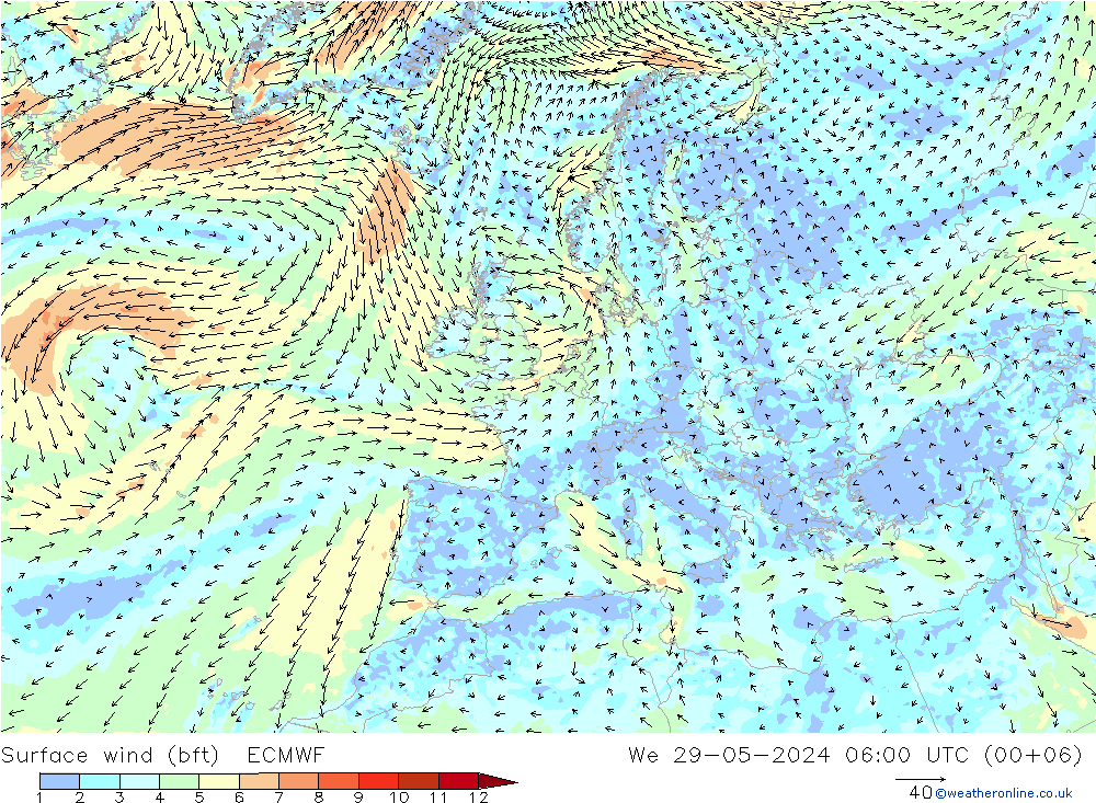Vento 10 m (bft) ECMWF mer 29.05.2024 06 UTC