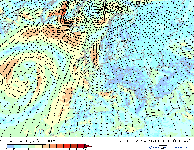 Vent 10 m (bft) ECMWF jeu 30.05.2024 18 UTC